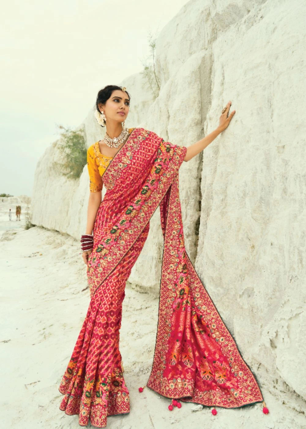 Red Pure Georgette Bandhej Saree with Moti & Cut-Dana Heavy Hand Work Border