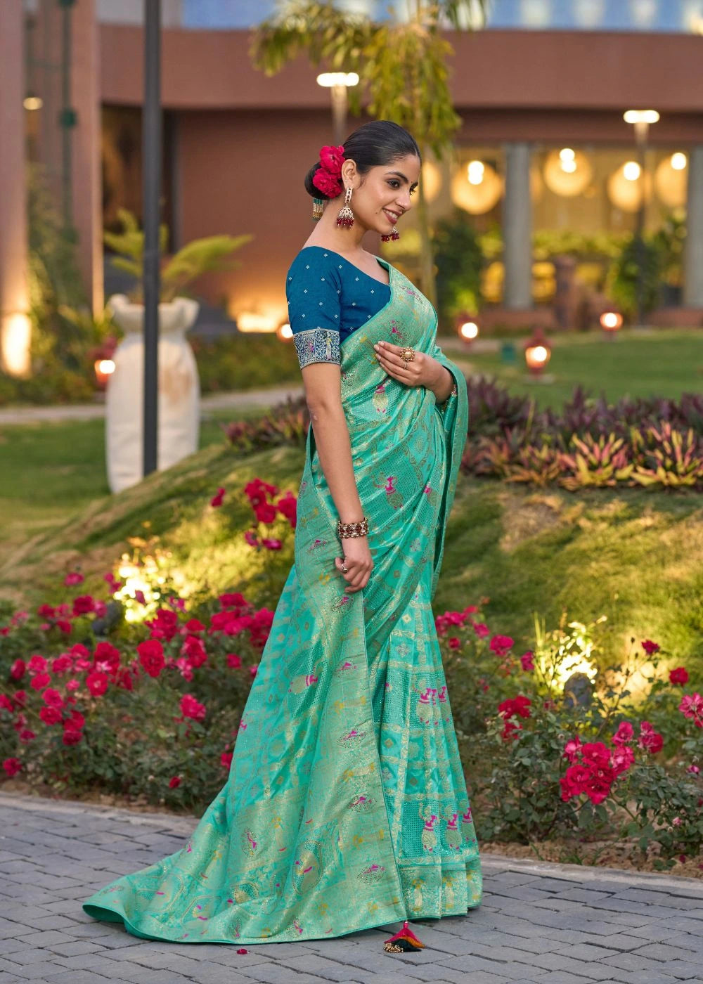 Emerald Aqua Dola Silk Saree with Meenakari Peacock Motifs & Swarovski Sparkle