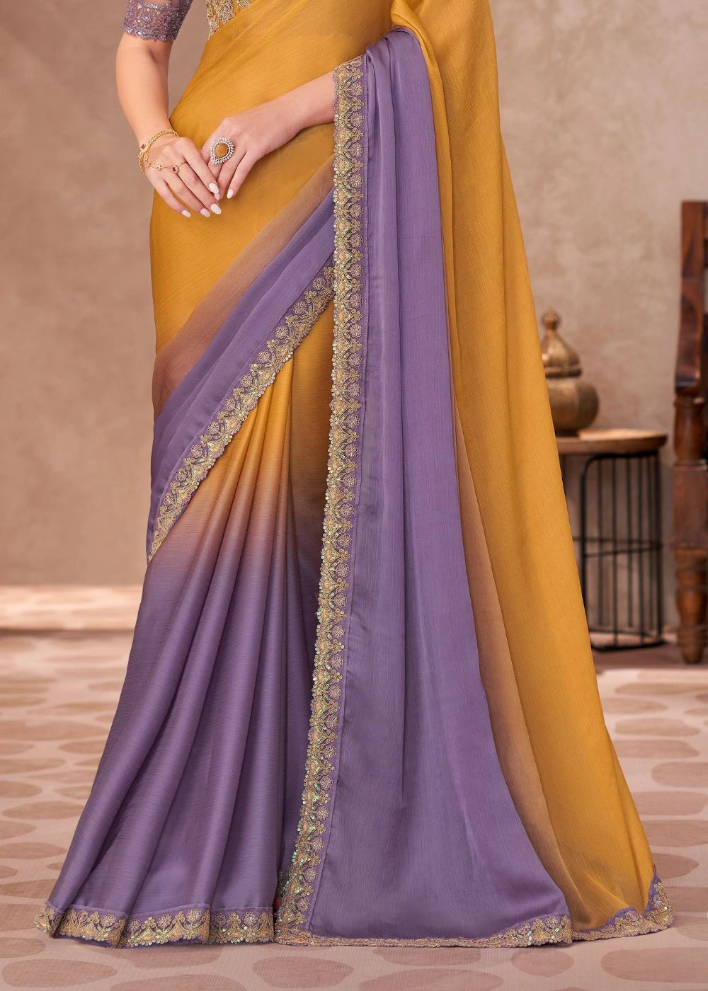 Mustard Yellow & Lavender Dual-Tone Satin Chiffon Saree
