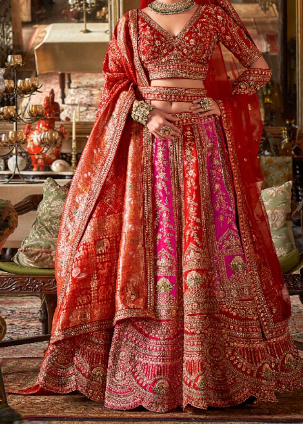 Sunset Coral & Fuchsia Glow Bridal Lehenga