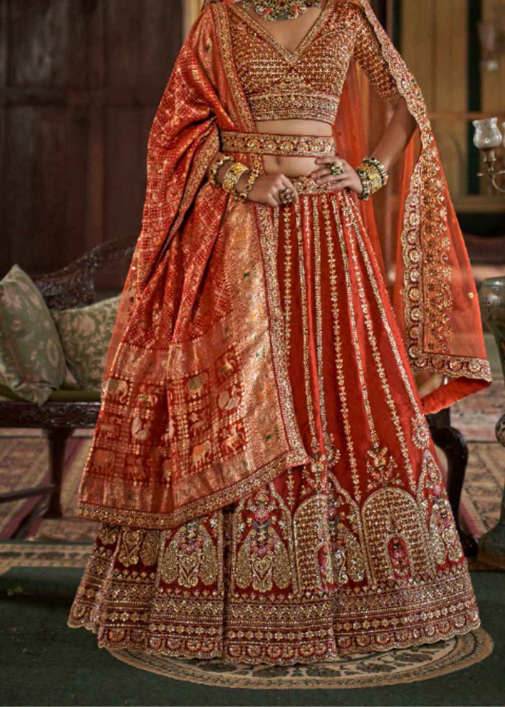 Regal Ember – Radiant Orange Bridal Lehenga Set with Double Dupatta