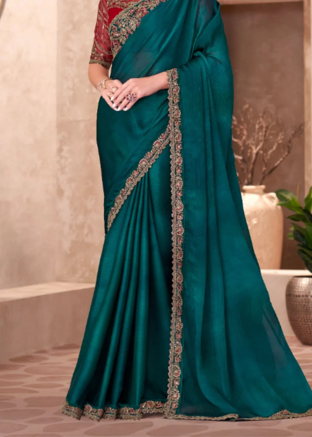 Bottle Green Chiffon Saree with Heavy Lace Embroidery