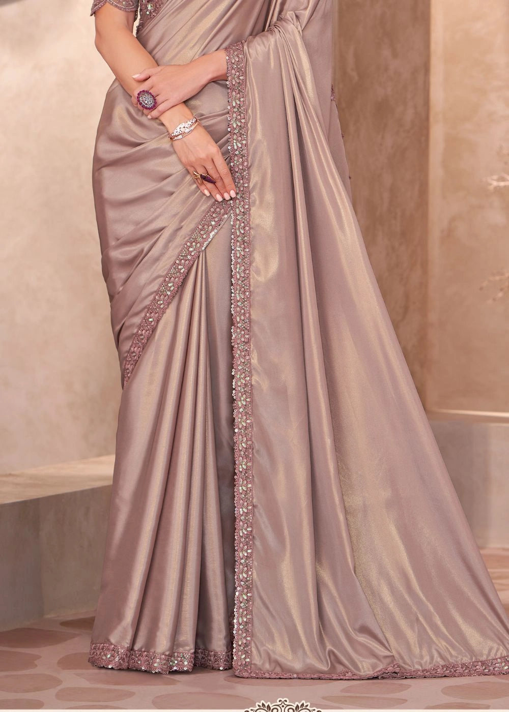 Beige Satin Chiffon Saree with Shimmer Embroidery