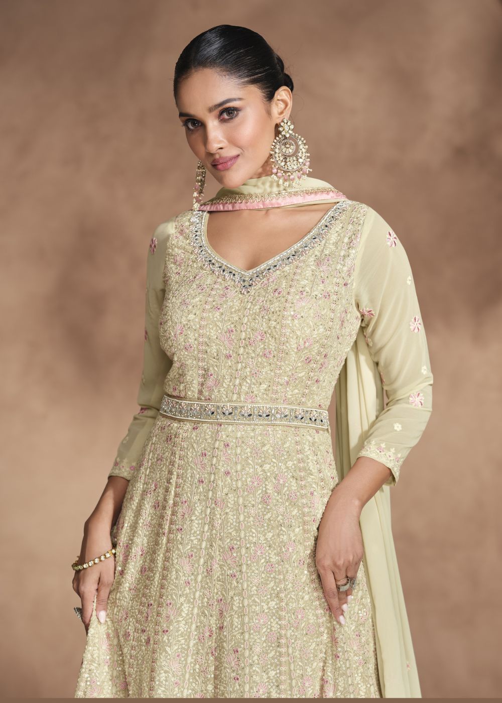 Pistachio Pink Embroidered Georgette Anarkali Suit with Organza Dupatta