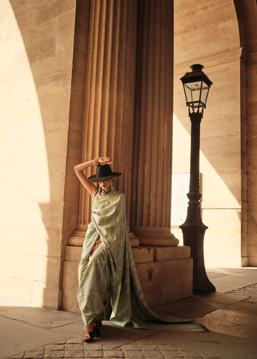 Sage Green Satin Silk Saree with Self-Weaving