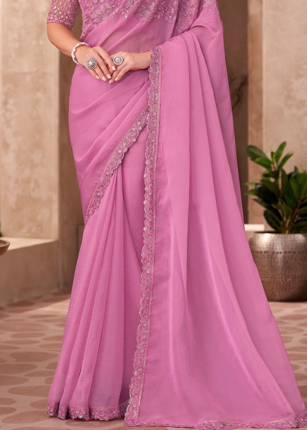 Baby Pink Satin Chiffon Saree with Designer Lace Border