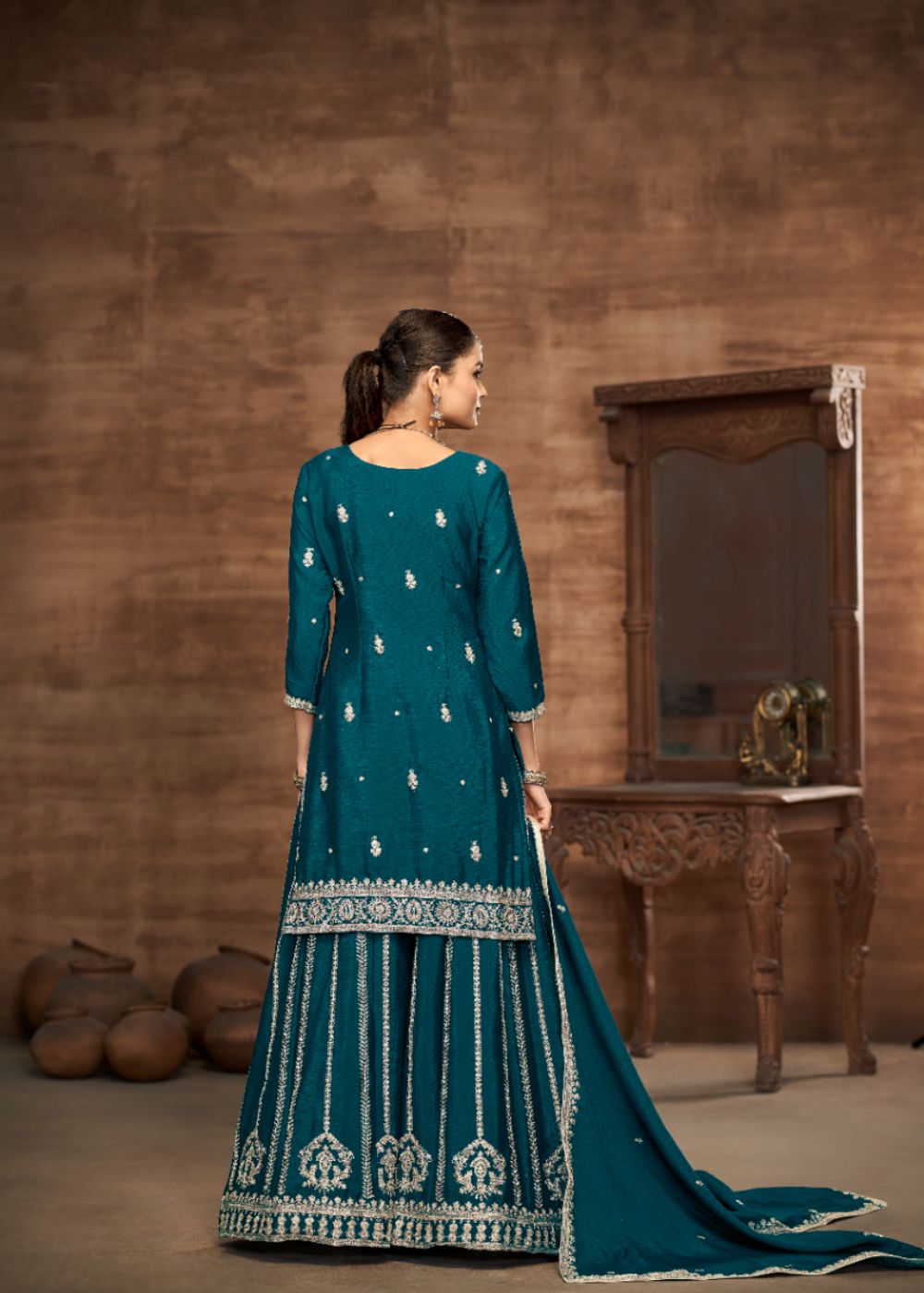 Teal Grace-Designer Chinon Silk Suit Set