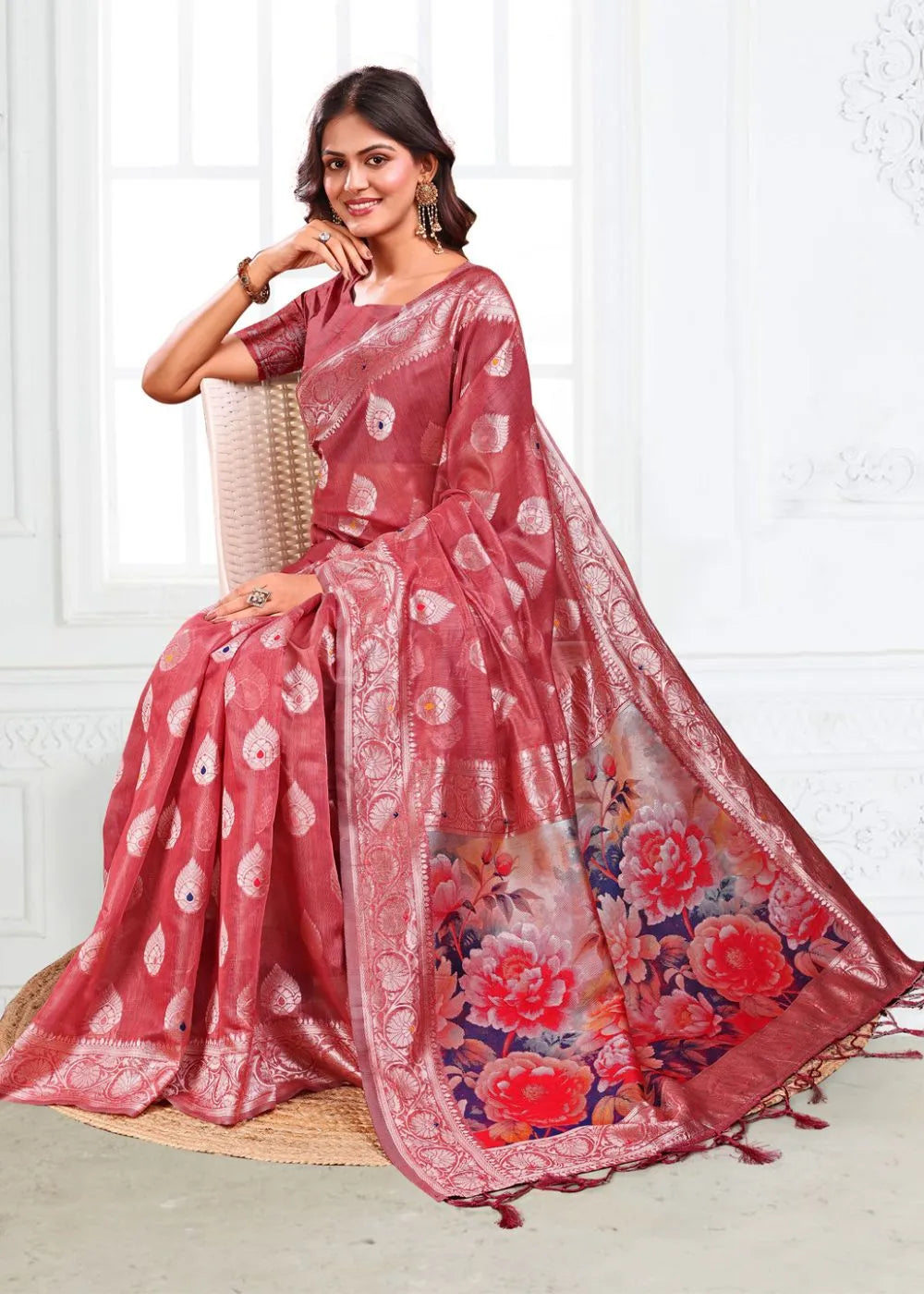 Crimson Rose Linen Cotton Saree with Paisley Woven Motifs & Floral Printed Pallu