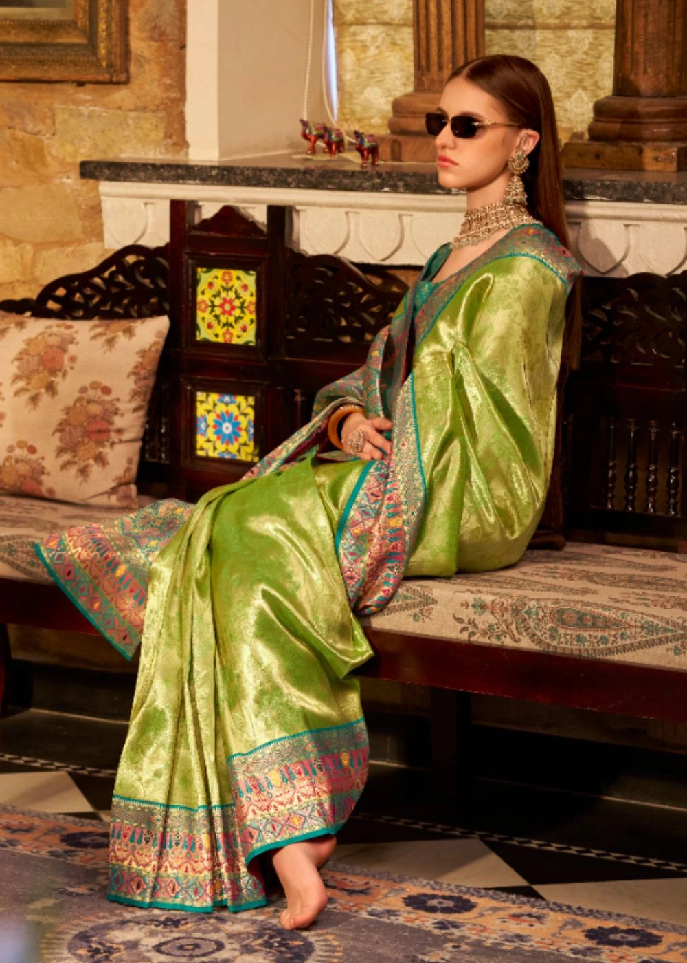 Lime Green Tissue Silk Saree with Designer Contrast Border & Pallu