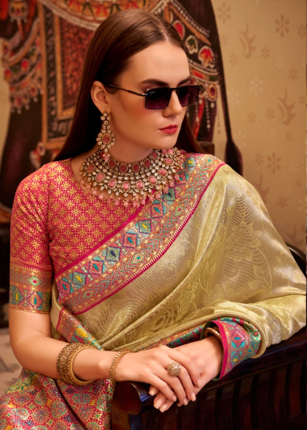 Champagne Gold Tissue Silk Saree with Designer Contrast Border & Pallu