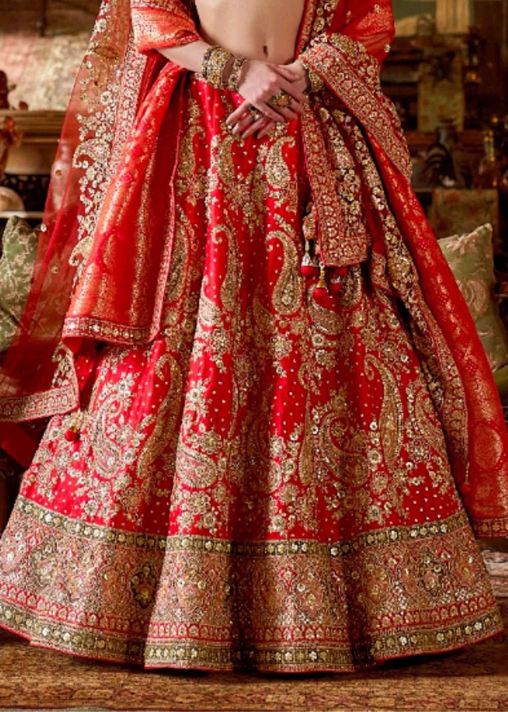 Scarlet Flame Elegance Double Dupatta Bridal Lehenga