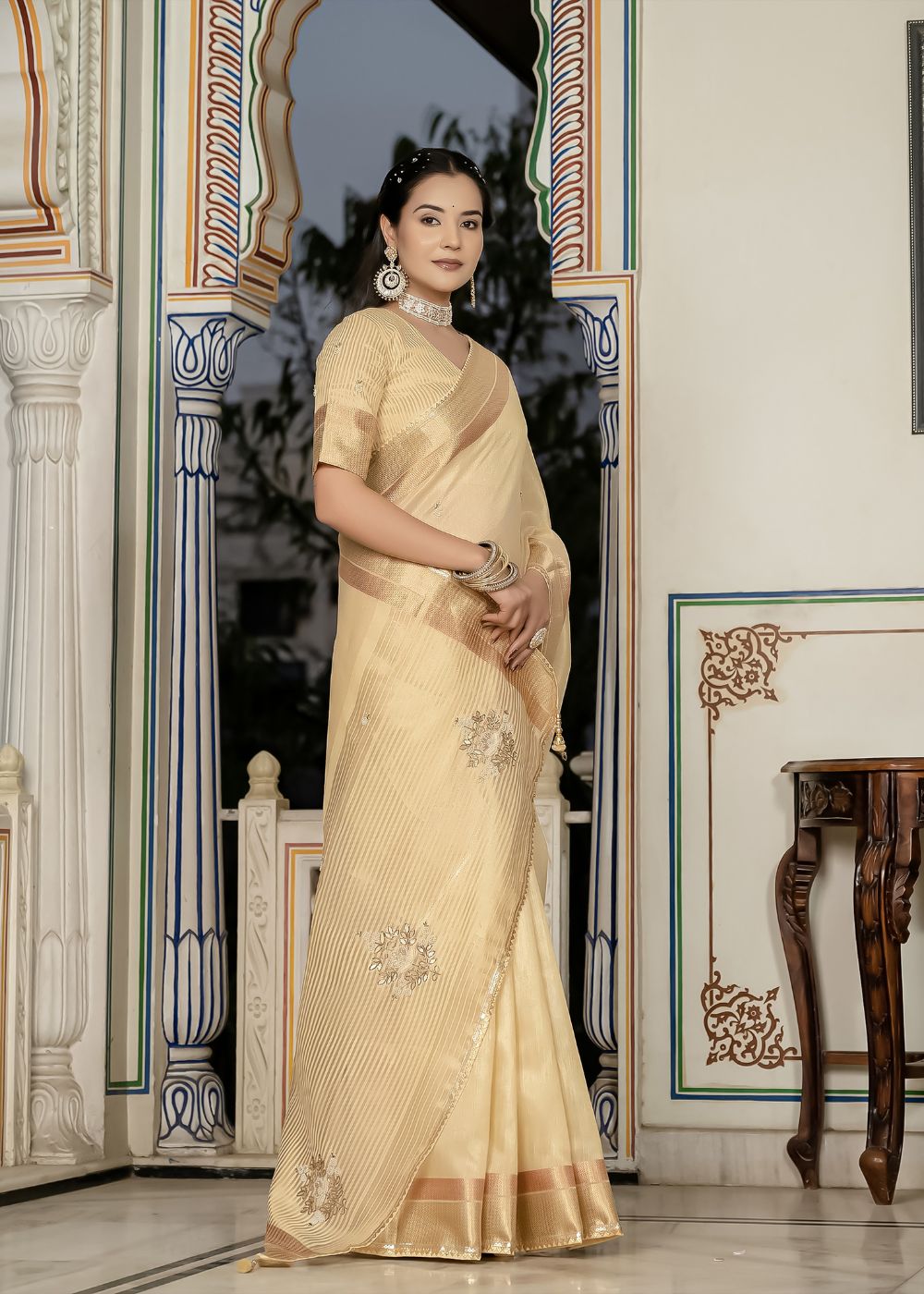 Golden Aura Celebration Saree in Tissue Linen with Intricate Hand Embroidery