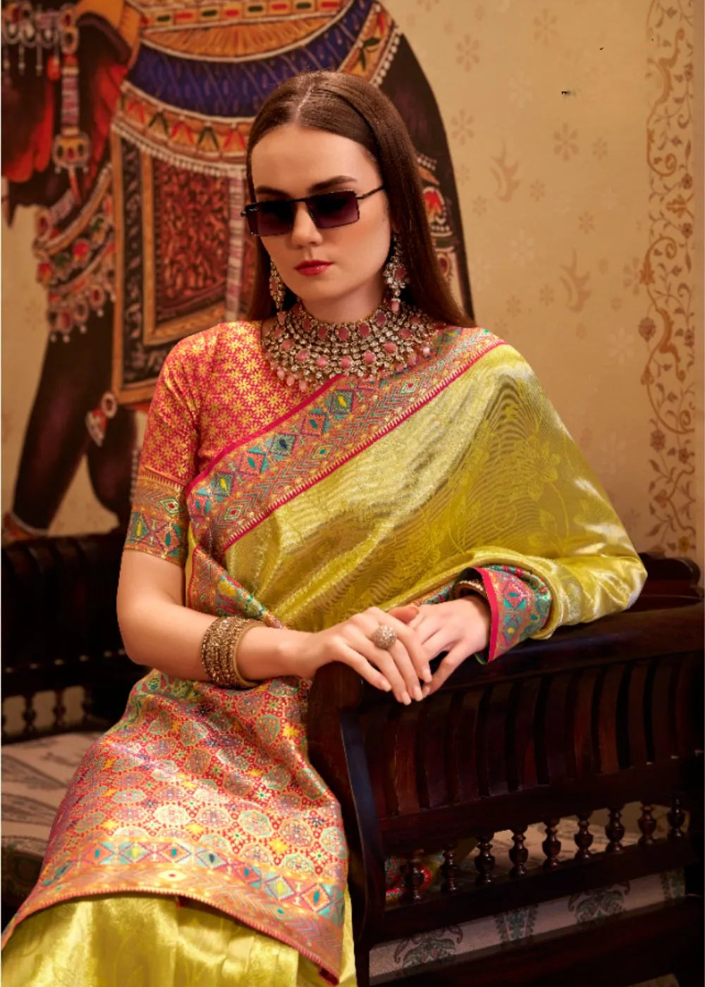 Golden Yellow Tissue Silk Saree with Designer Contrast Border & Pallu