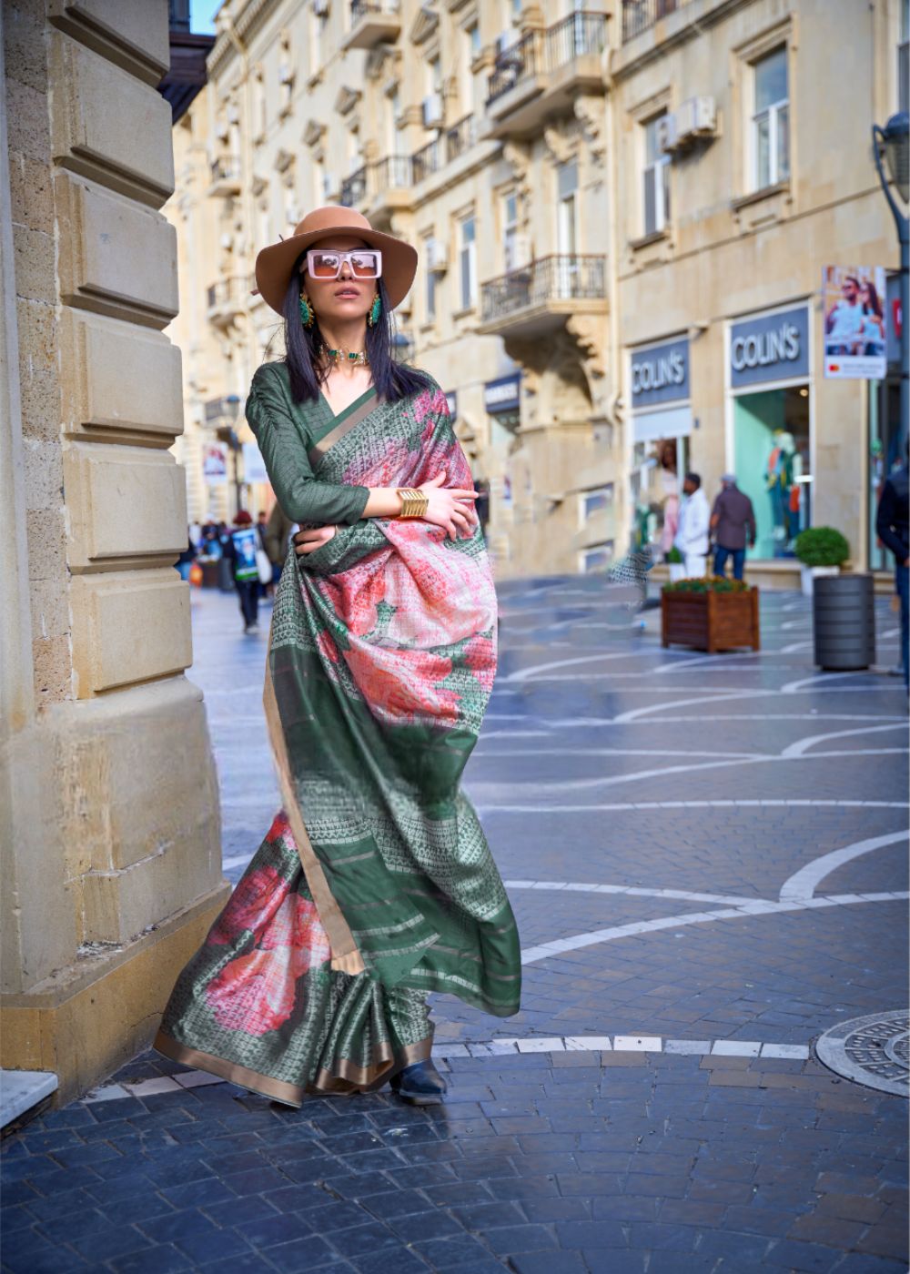 Bottle Green with Rose Hues Printed Poly Viscose with Handloom Texture