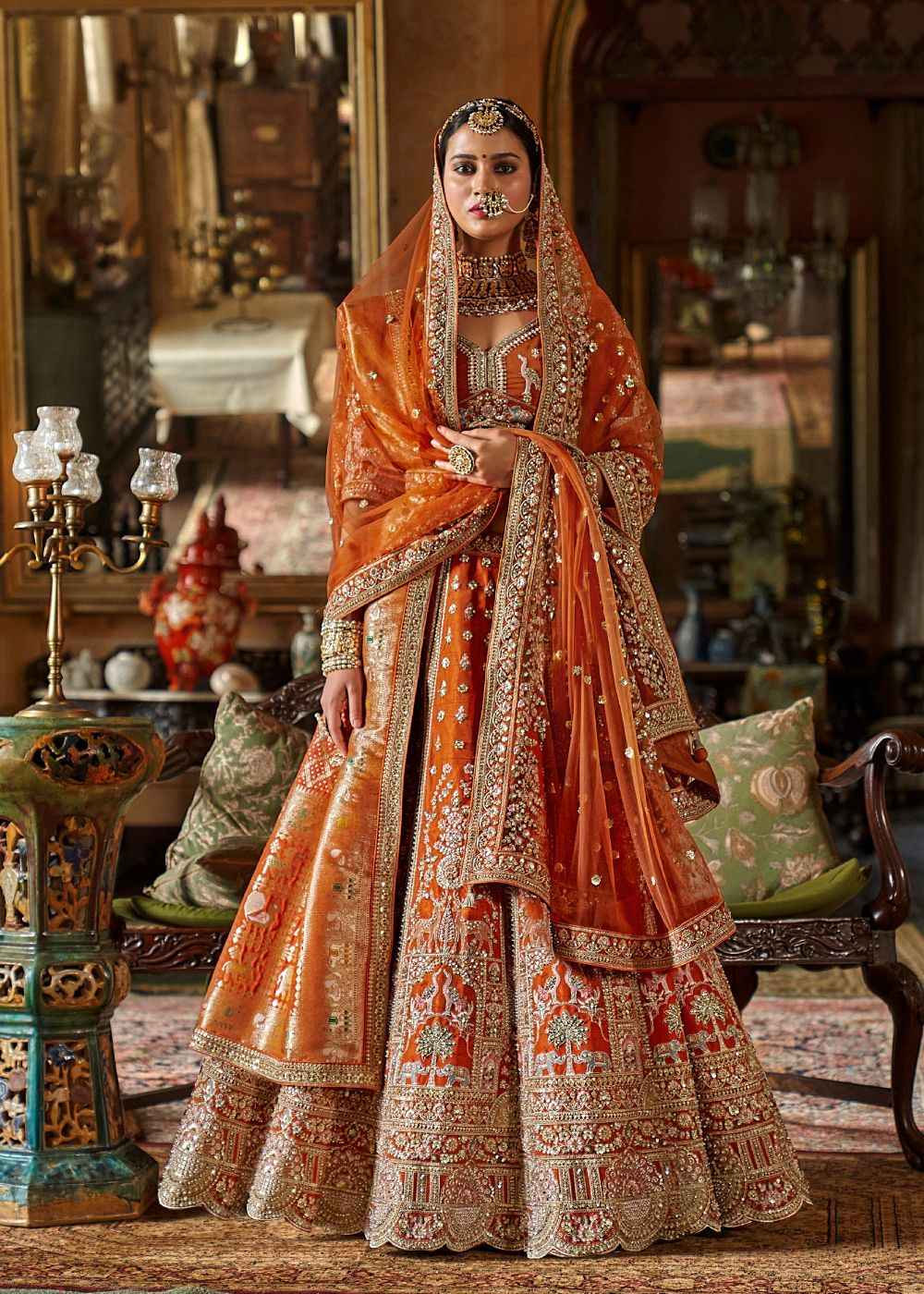 Coral Sunset Charm Double Dupatta Bridal Lehenga