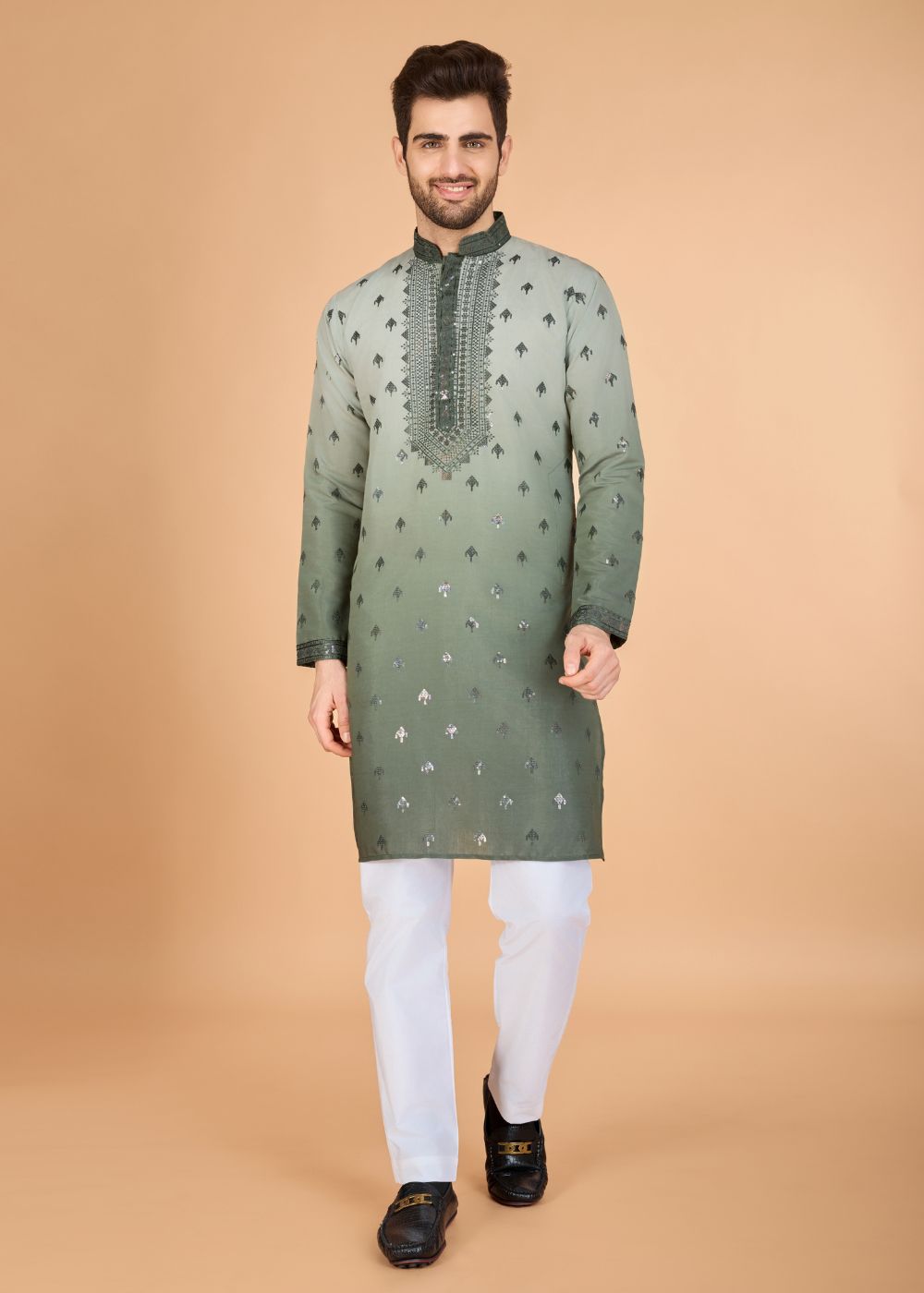Omber Green Regal Kurta – Majestic Thread Embroidered Style