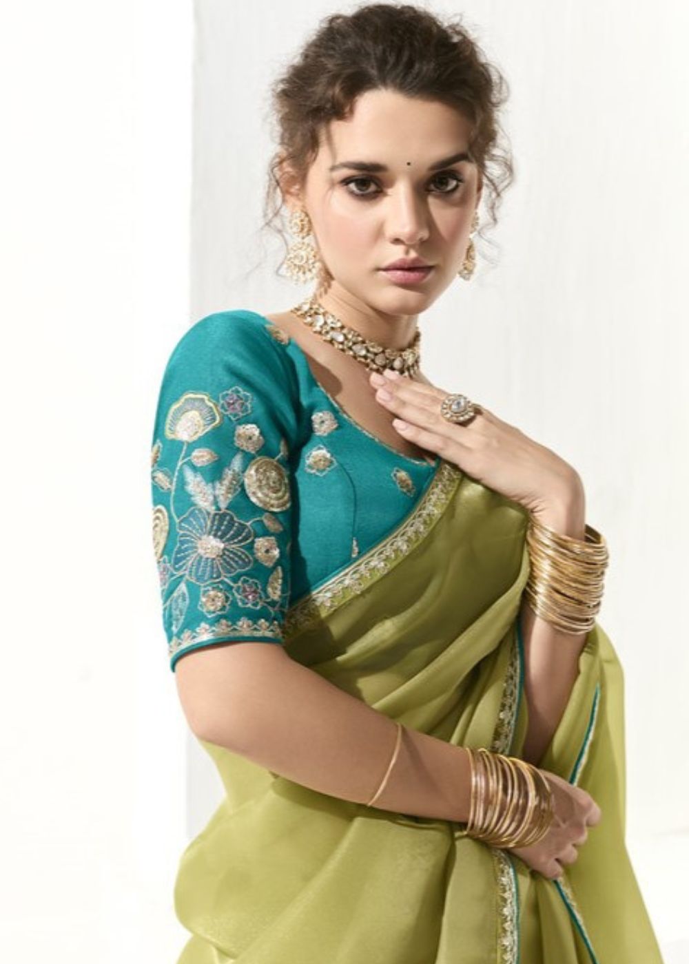 Haldi Pushp – Lime Green & Yellow Organza Tissue Saree with Butta Work