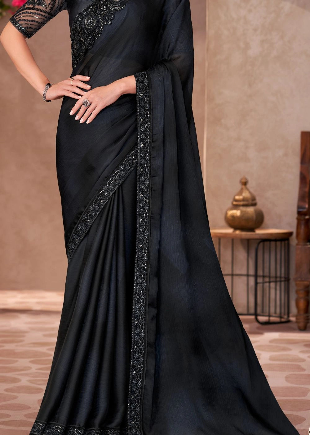 Classic Black Satin Chiffon Saree with Elegant Embroidered Border
