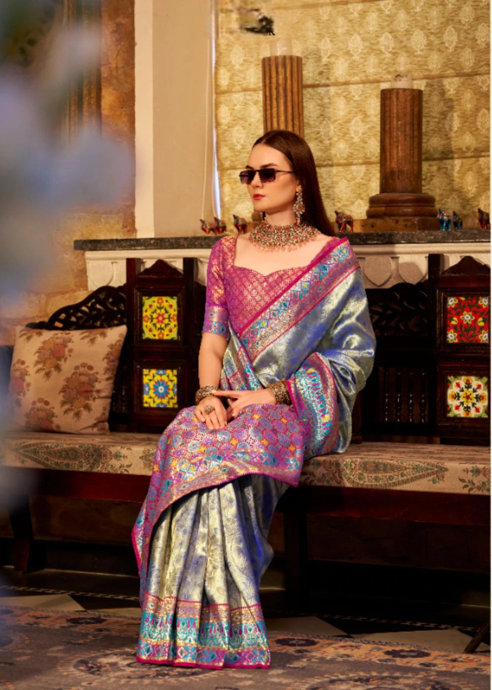 Royal Blue Tissue Silk Saree with Designer Contrast Border & Pallu