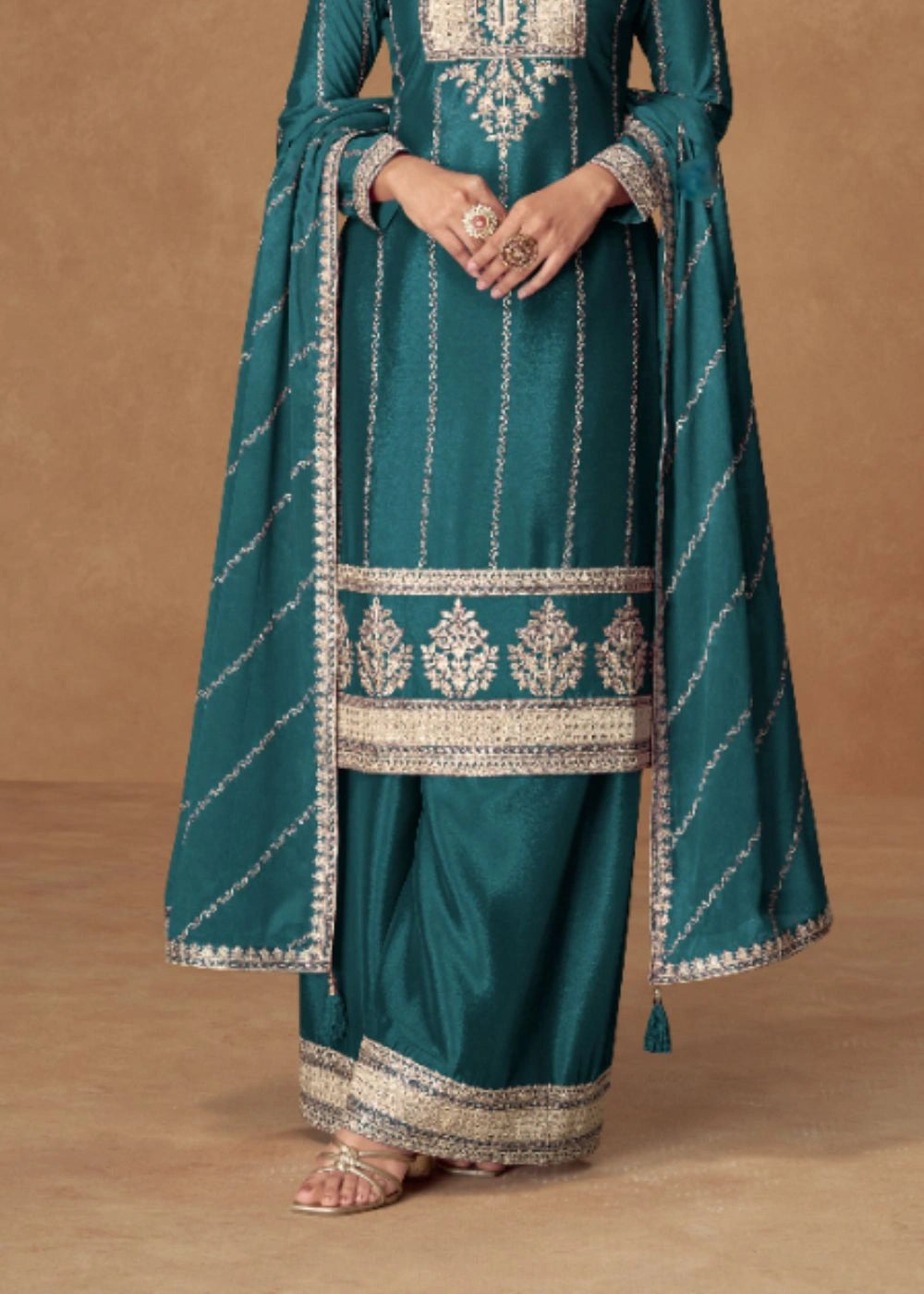 Emerald Green Regal Premium Chinnon Silk Suit with Traditional Embroidery & Designer Dupatta –