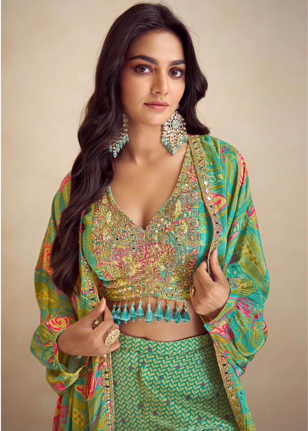 Green Mosaic Real Chinon & Silk Palazzo Jacket Set