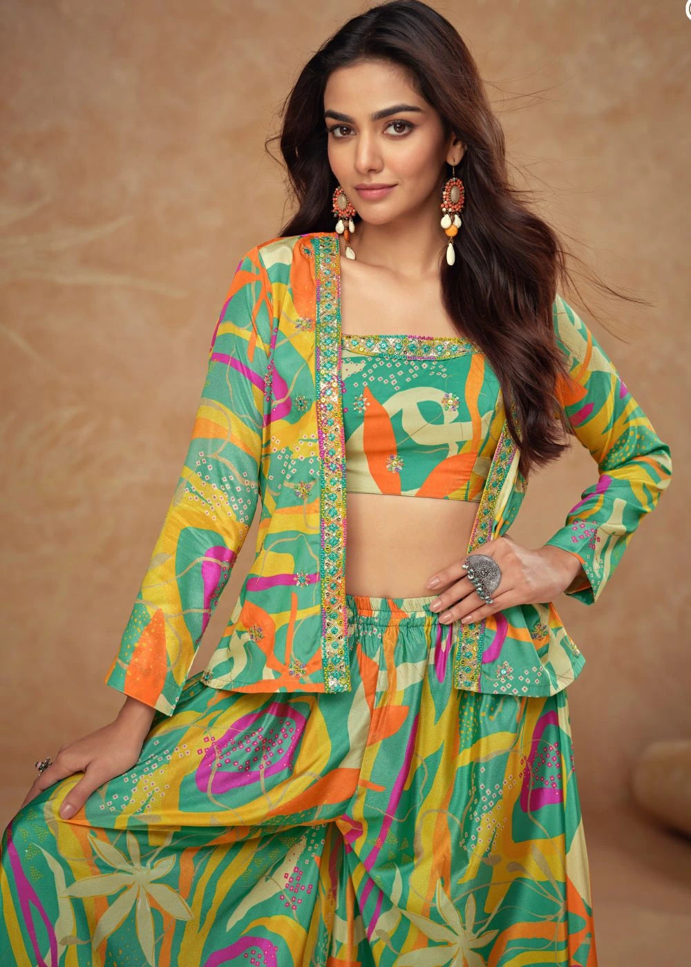 Vibrant Tropical Real Chinon & Silk Palazzo Set