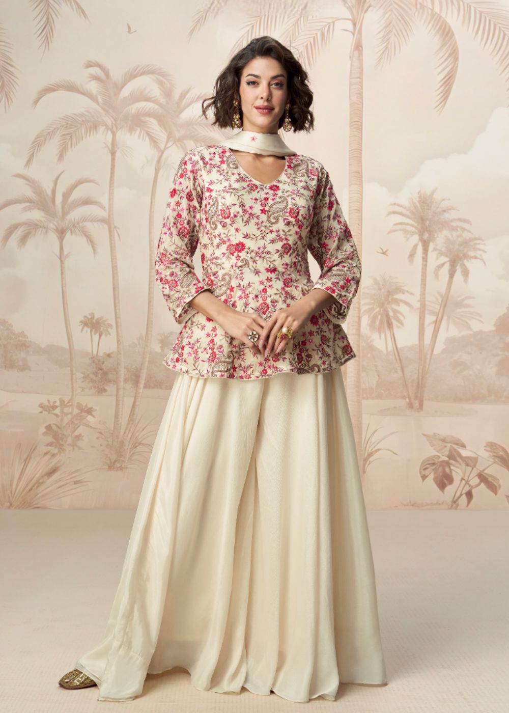 Ivory Bloom Royale – Premium Cream Floral Embroidered Kurti with Flared Skirt Ensemble