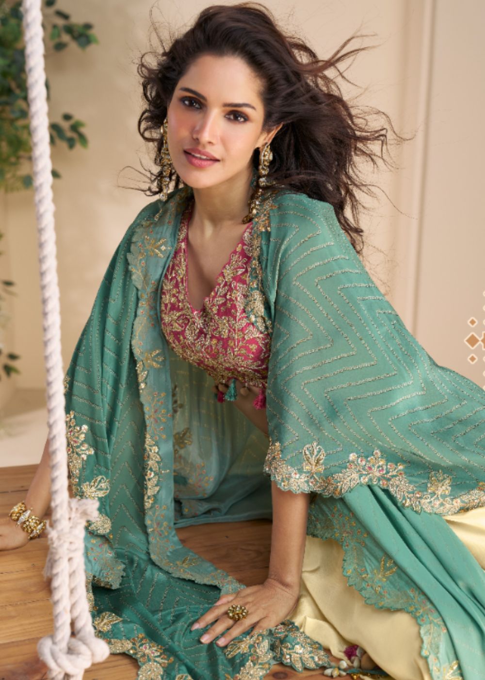 Pastel Yellow Draped Palazzo Set with Emerald Green Embroidered Shrug