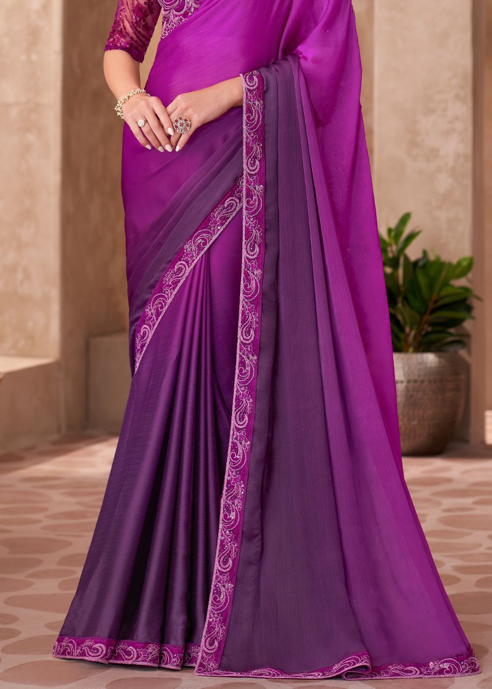 Royal Purple Satin Chiffon Saree with Designer Lace Work