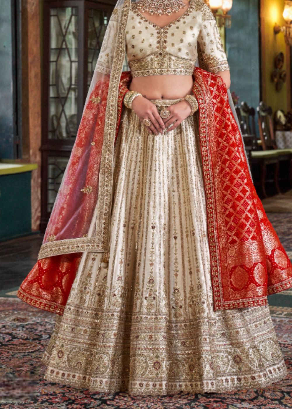 Ivory Grace with Crimson Veil Bridal Lehenga