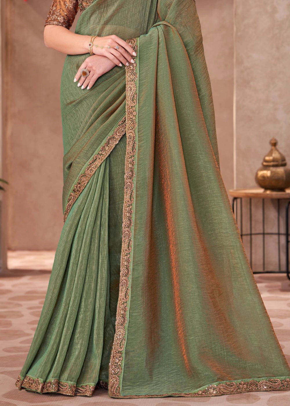 Olive Green Satin Chiffon Saree with Zari Lace Detailing