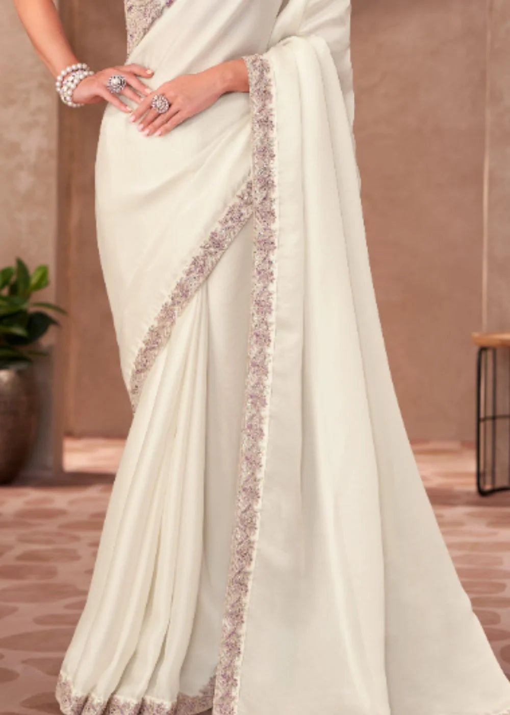 Ivory White Chiffon Saree with Embroidered Lace Border