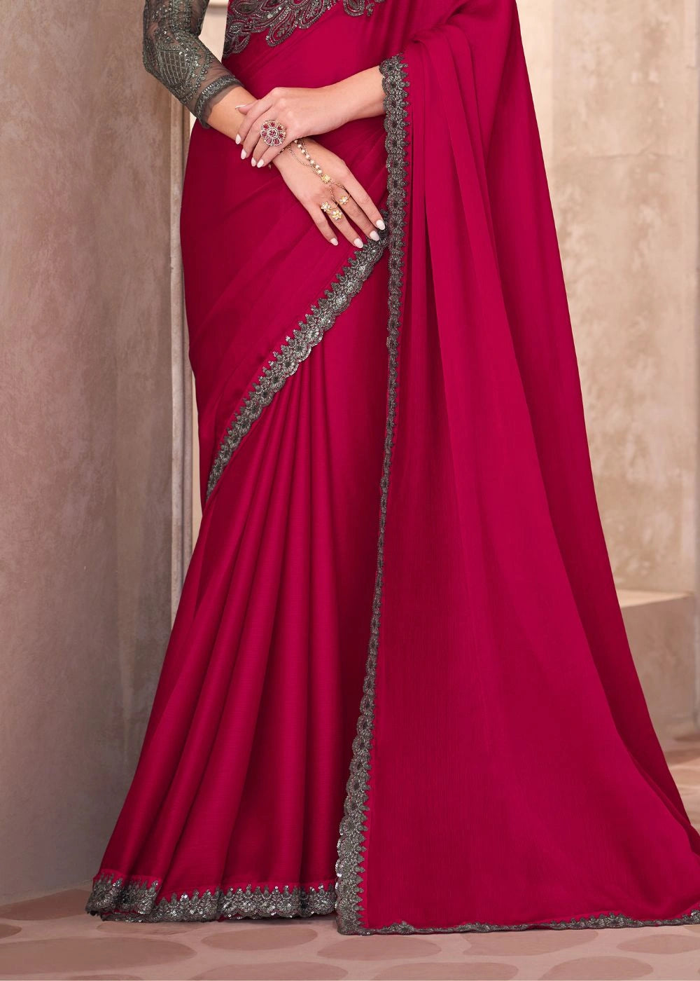 Hot Pink Satin Chiffon Saree with Heavy Lace Work