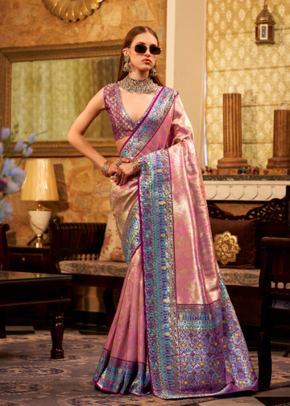 Lavender Pink Tissue Silk Saree with Designer Contrast Border & Pallu