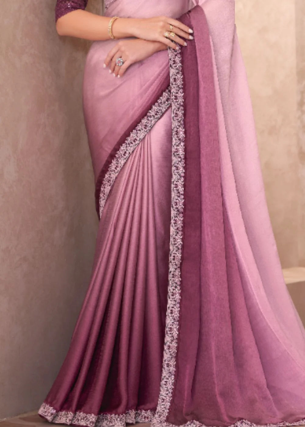 Pastel Pink Satin Chiffon Saree with Designer Embroidery