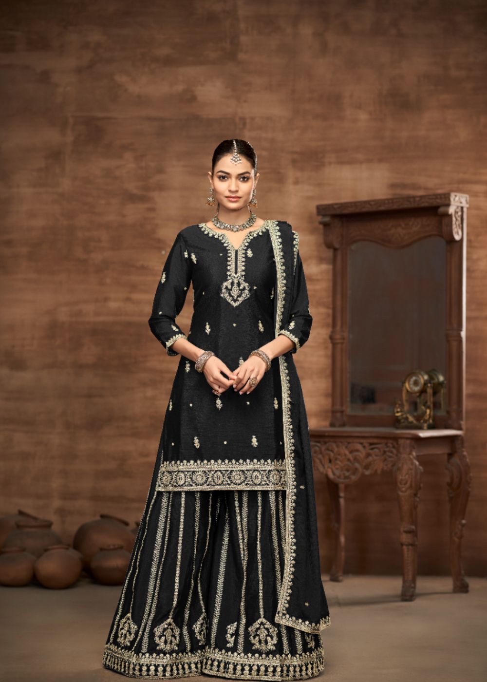 Royal Black - Designer Chinon Silk Suit Set : Ethnic