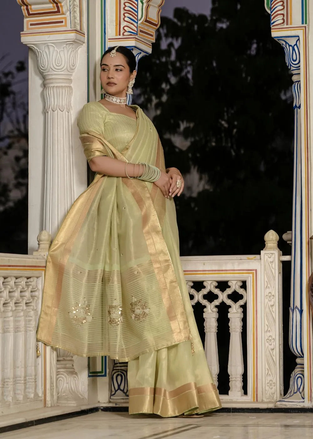 Pistachio Grace Tissue Linen Saree with Zari Patta and Signature Khatli Details