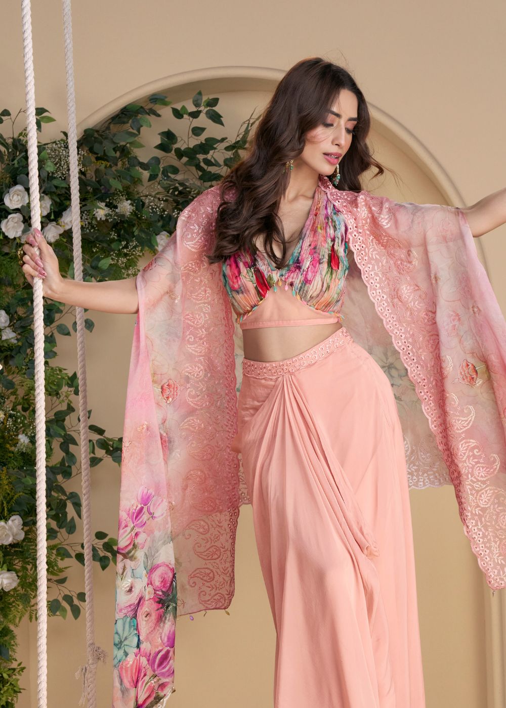 Blush Pink Draped Palazzo Set with Pastel Rose Floral Shrug