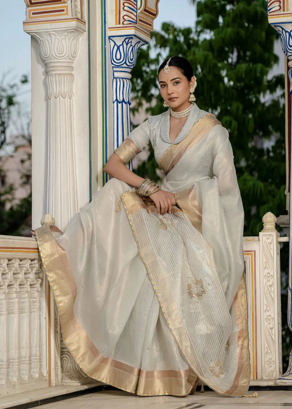 Mint Opulence Tissue Linen Saree with Traditional Handwork and Zari Accents