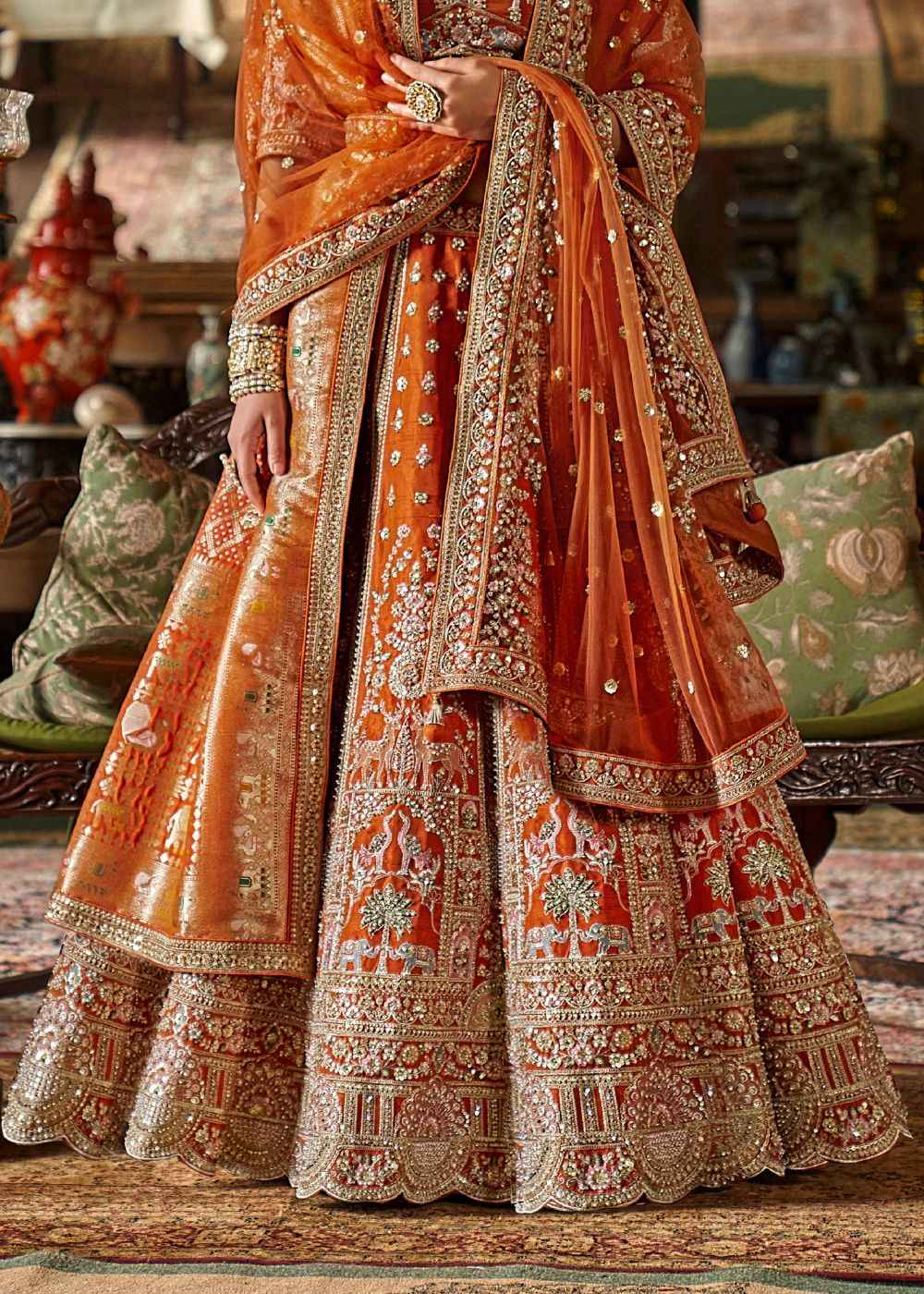 Coral Sunset Charm Double Dupatta Bridal Lehenga