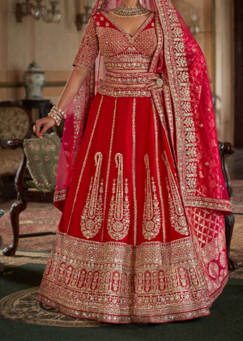 Ruby Charm – Bold Red Bridal Lehenga Set with Double Dupatta