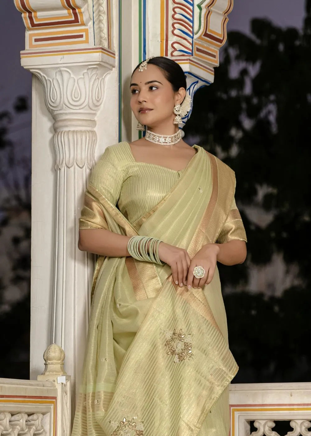 Pistachio Grace Tissue Linen Saree with Zari Patta and Signature Khatli Details
