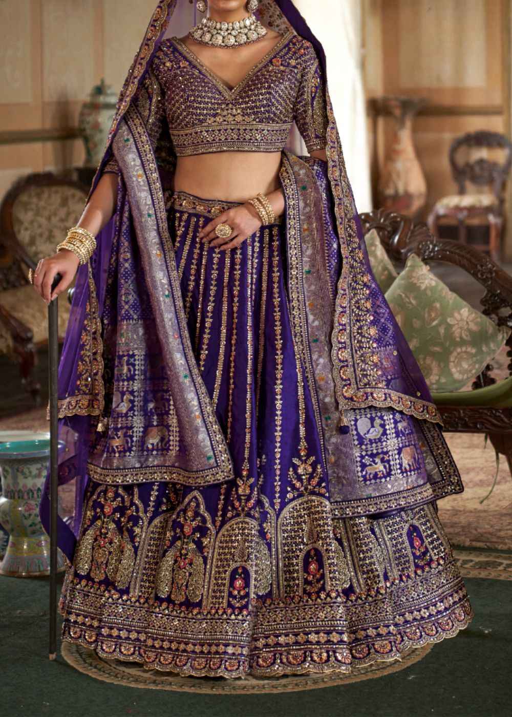 Midnight Majesty – Royal Purple Bridal Lehenga Set with Double Dupatta