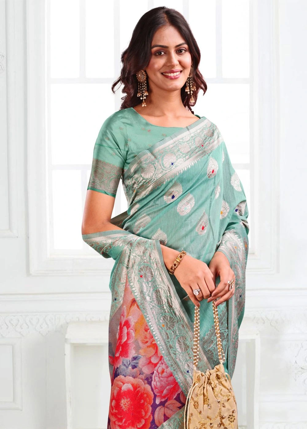 Sea Green Linen Cotton Saree with Silver Paisley Weaves & Vibrant Floral Pallu