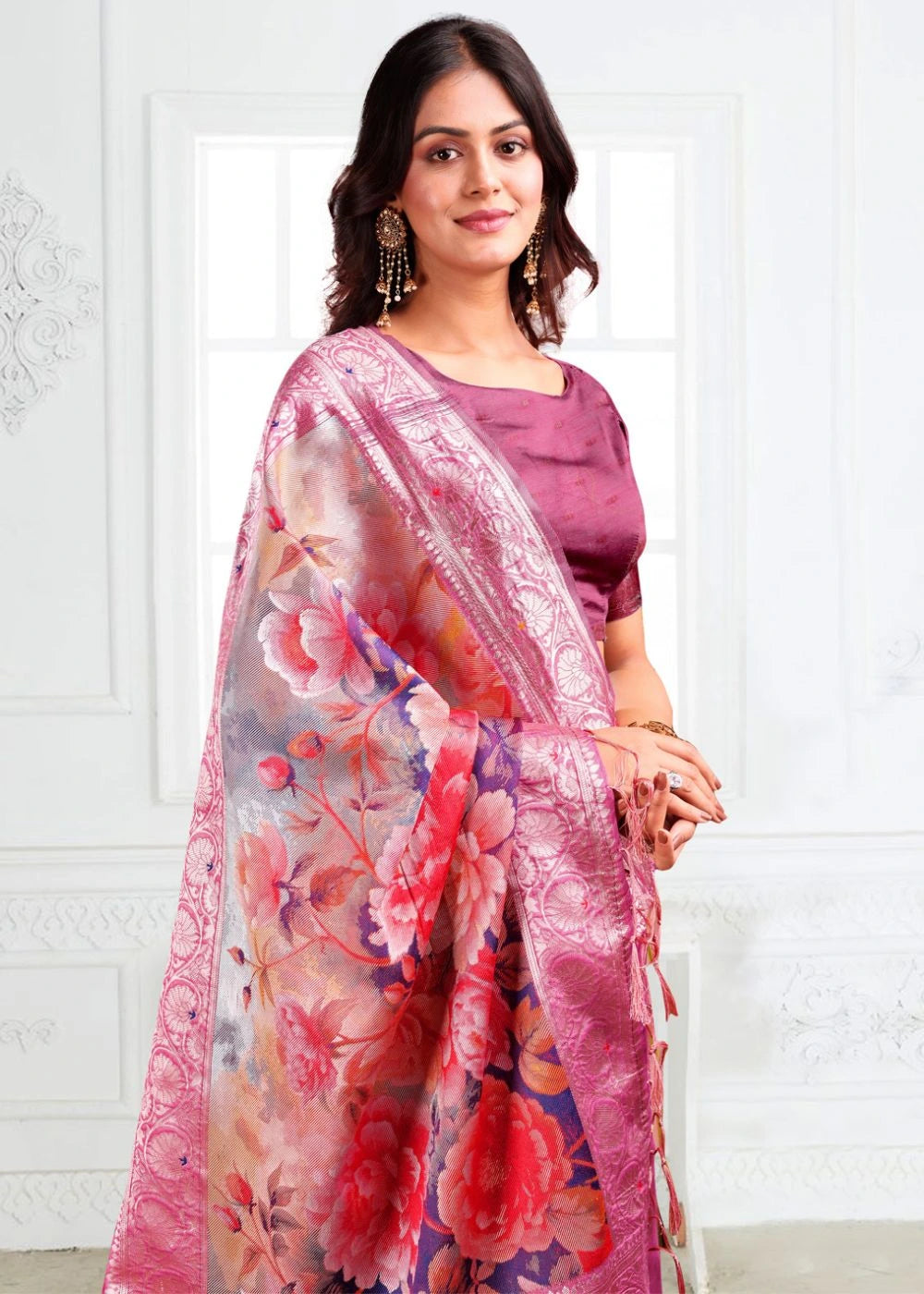 Orchid Pink Linen Cotton Saree with Rich Woven Motifs & Royal Garden Floral Pallu
