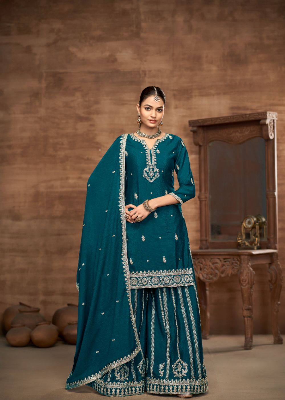 Teal Grace-Designer Chinon Silk Suit Set