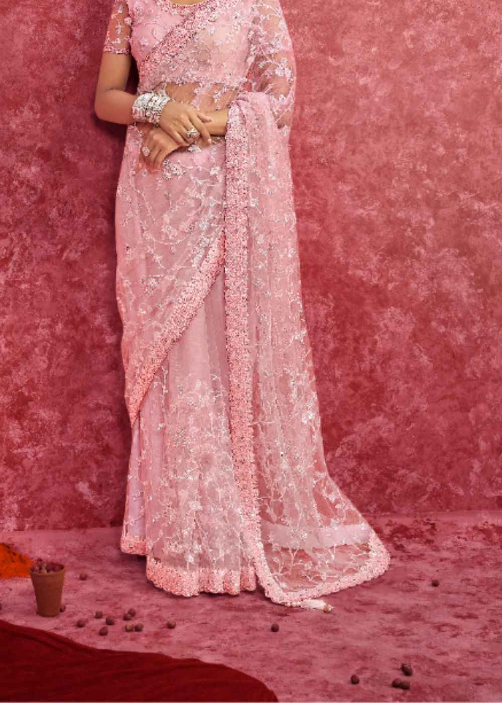 Rose Blush Net Embroidery Saree
