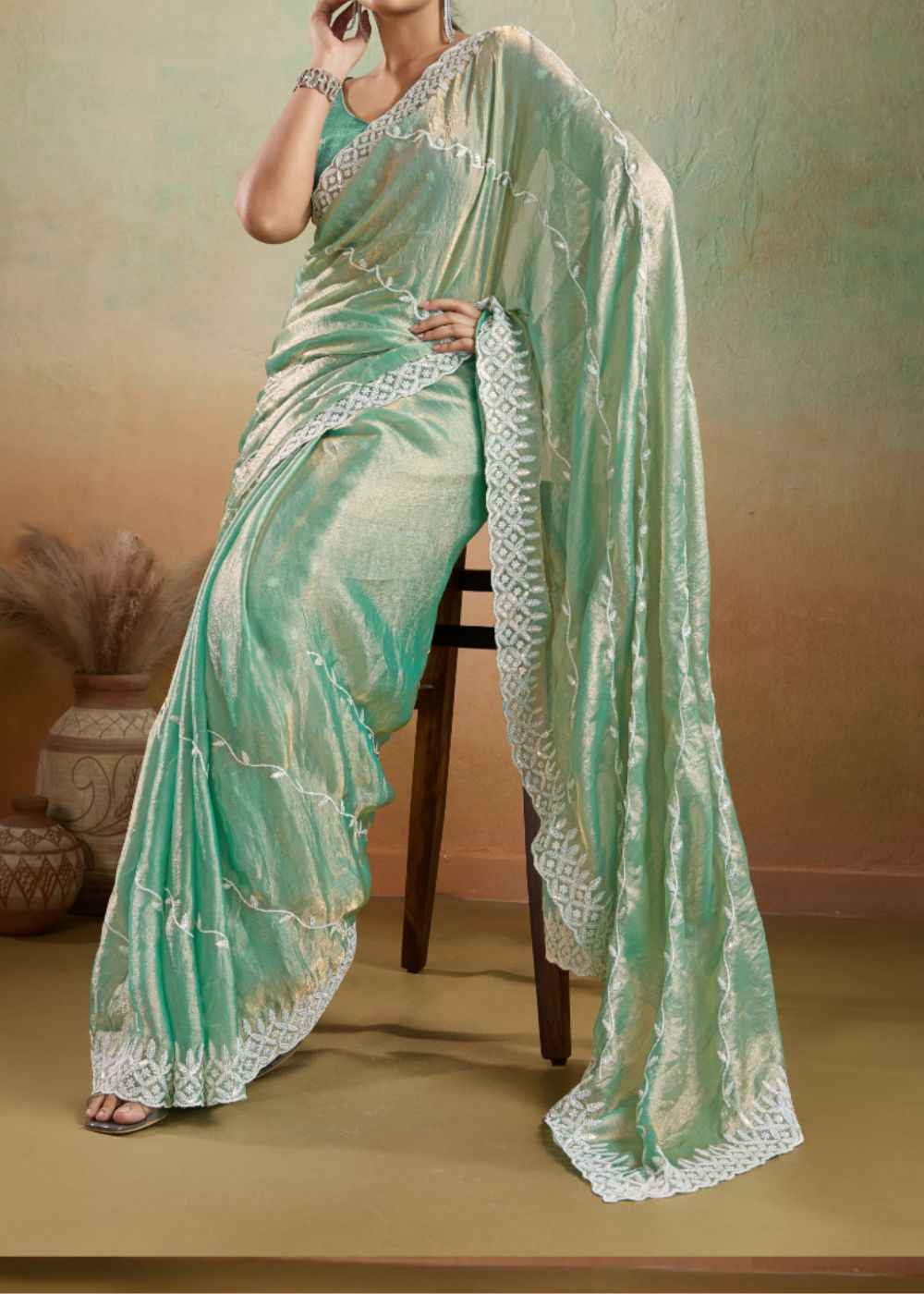 Aqua Mist Velvet Chiffon Saree