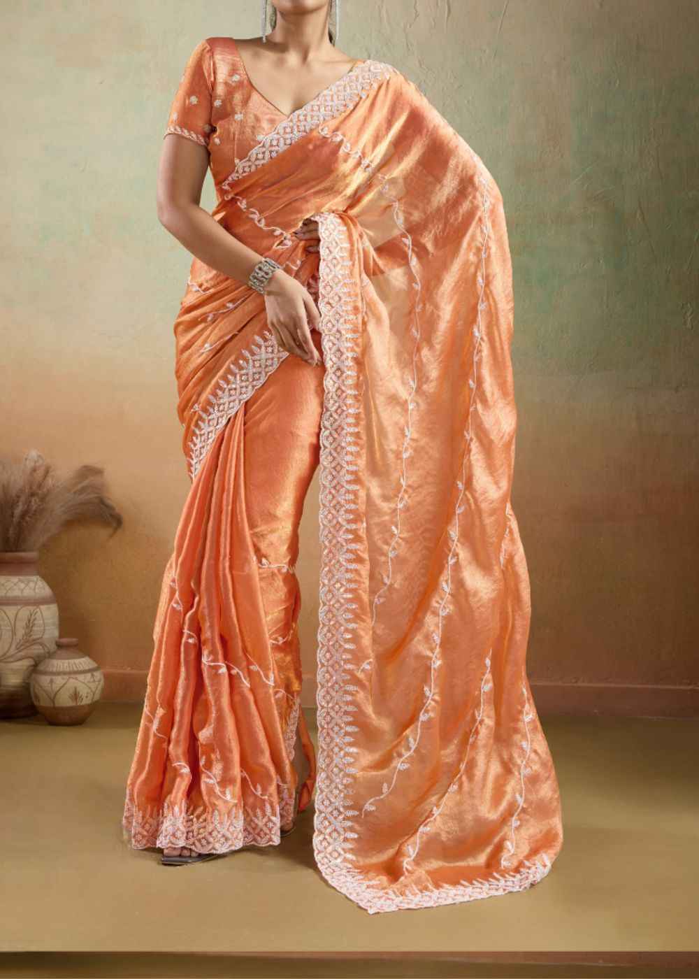 Sunset Coral Velvet Chiffon Saree