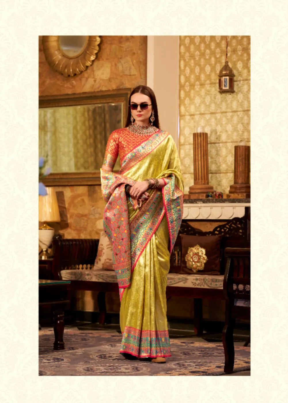 Golden Yellow Tissue Silk Saree with Designer Contrast Border & Pallu